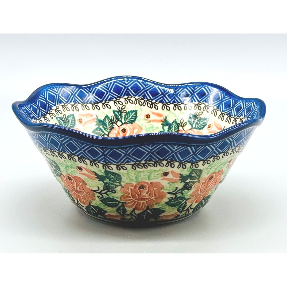Unikat Polish Pottery Wavy Bowl Blue Peach Floral Scalloped 7.5 inch 7423
